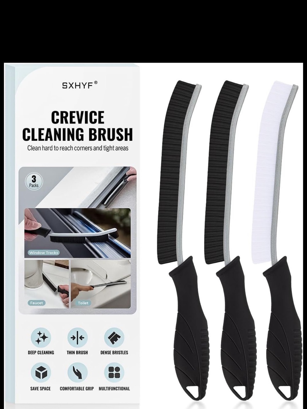 New 3 pack Crevice Cleaning Brush Set - Black & White